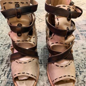 Freebird by Steven “Revenant” Leather Wrap Strap Peep/ Open-Toe Booties – Beige